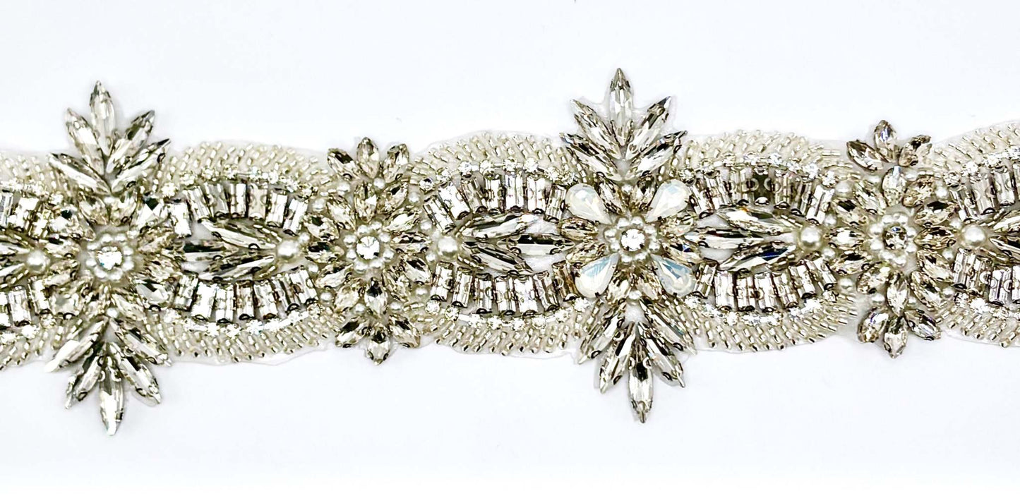 Opal and clear rhinestone bridal belt with pearls and glass beads on silver.