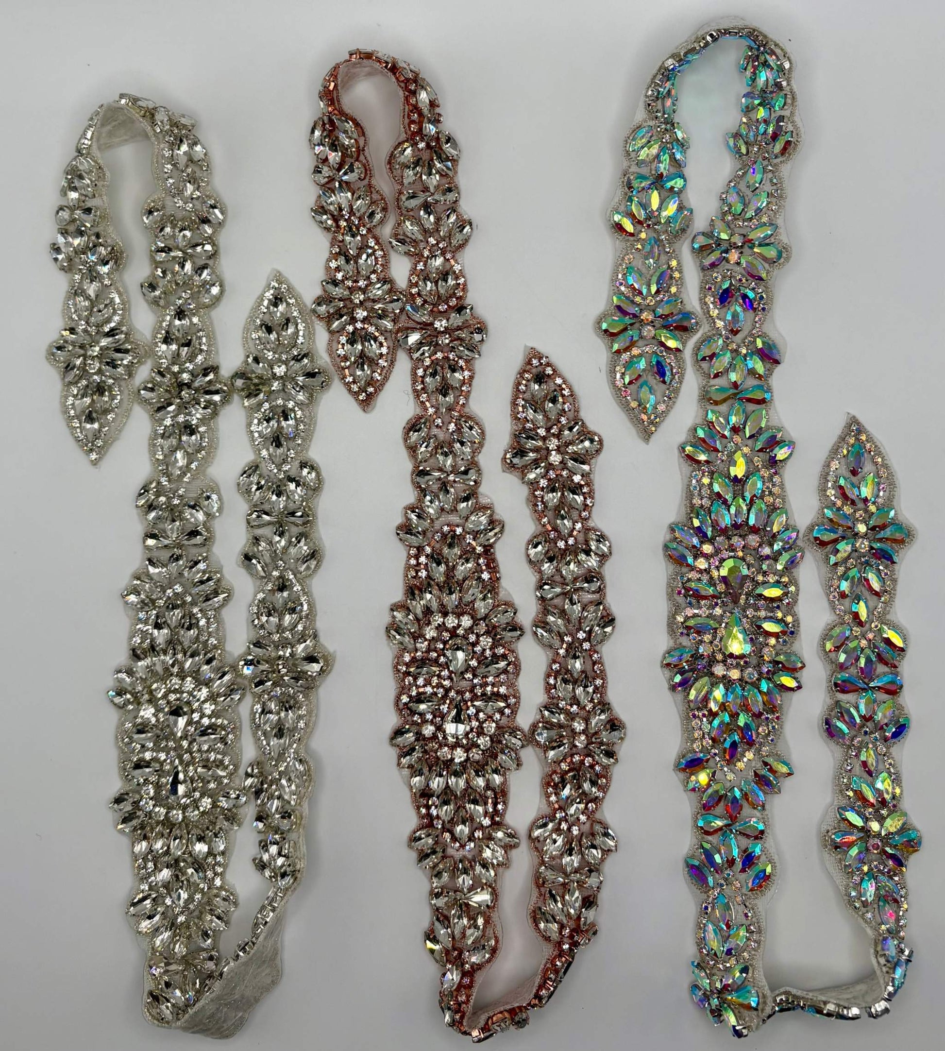 Handmade rhinestone bridal belts with pearls and glass beads in gold.