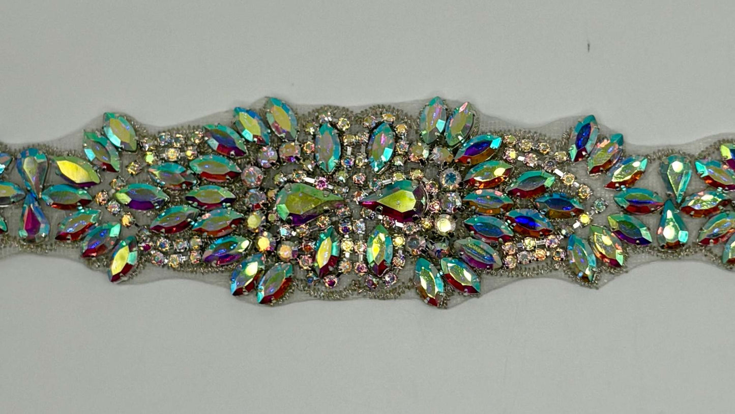 Handmade rhinestone bridal belt with clear rhinestones, pearls, and glass beads in gold.