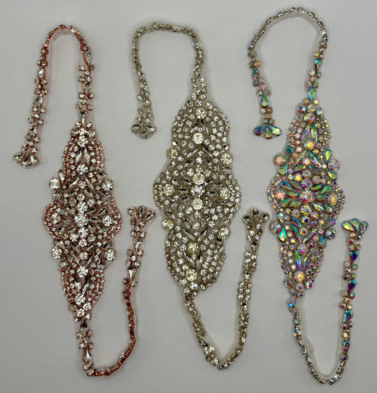 Simply Stunning handmade rhinestone bridal belts in varied styles.