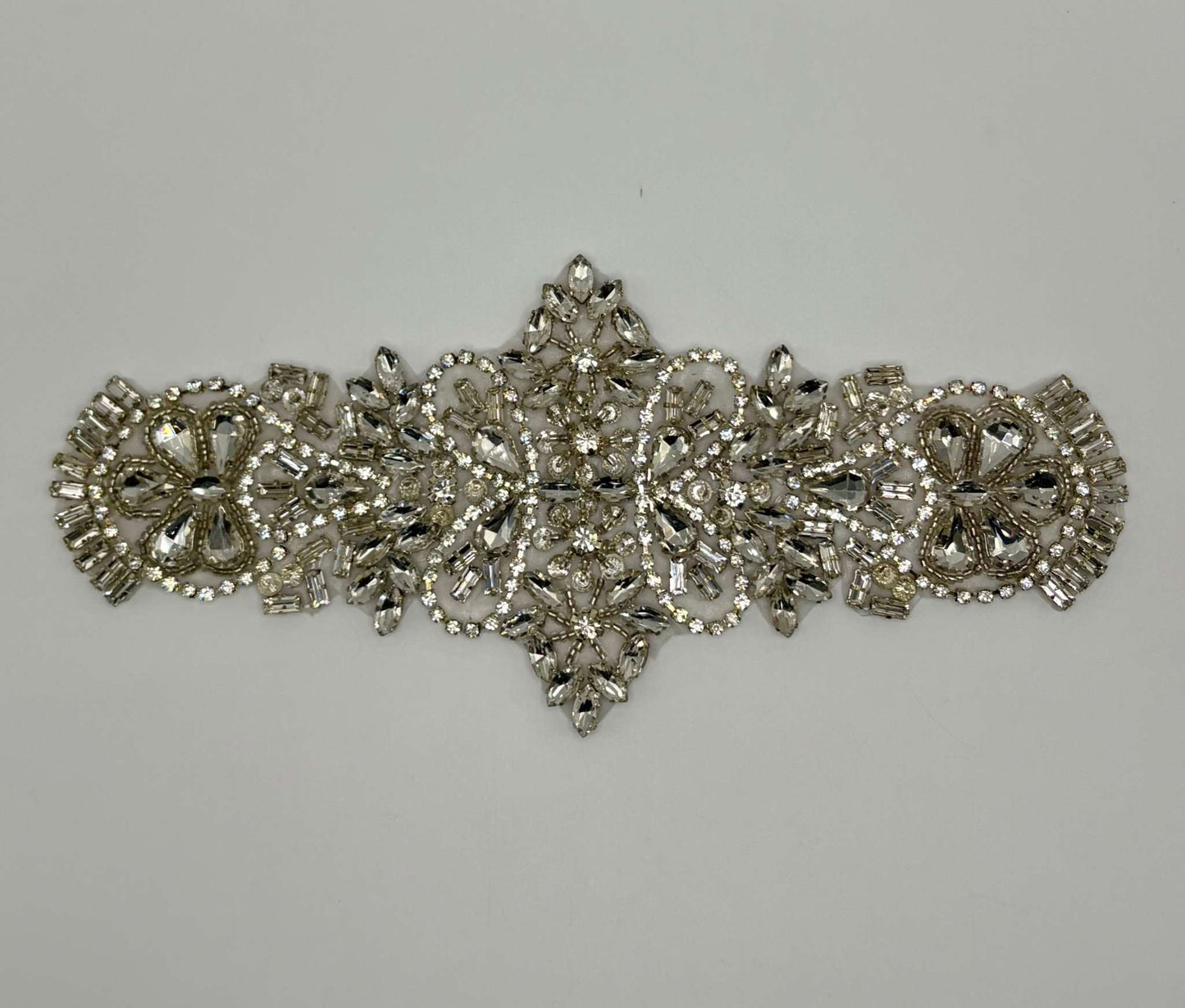 Handmade "Royal Brilliance" rhinestone bridal belt with silver settings, approximately 8 inches long.