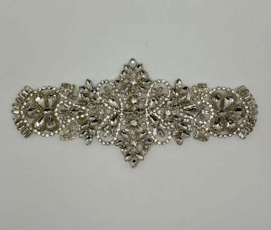Handmade "Royal Brilliance" rhinestone bridal belt with silver settings, approximately 8 inches long.