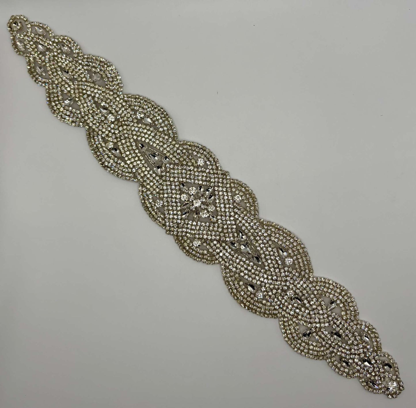 Handmade clear rhinestone applique bridal belt with silver settings, "Cool Ice" design.