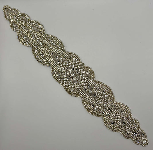 Handmade clear rhinestone applique bridal belt with silver settings, "Cool Ice" design.