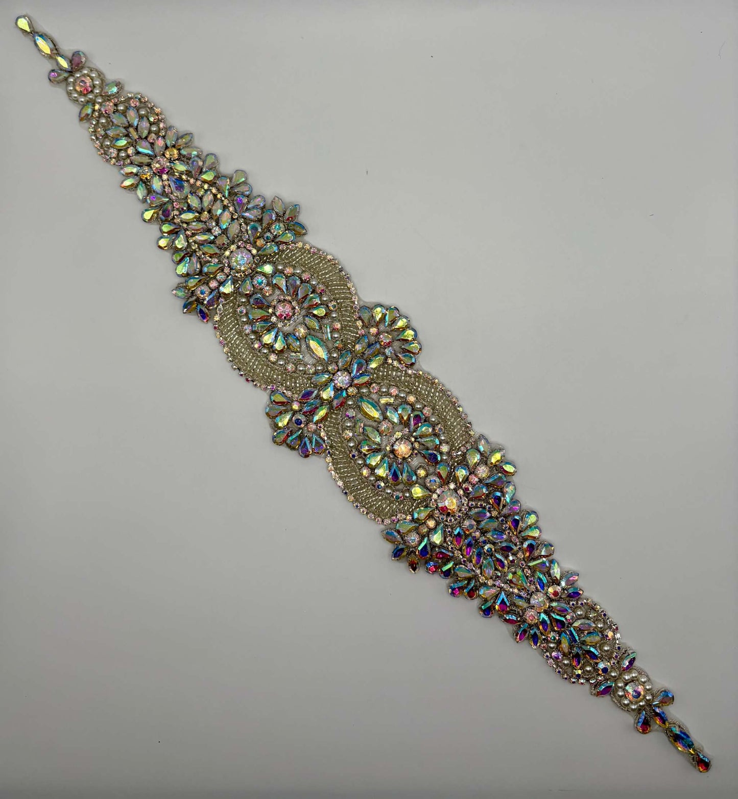 "Regal Beauty" handmade rhinestone bridal belt, intricate design.