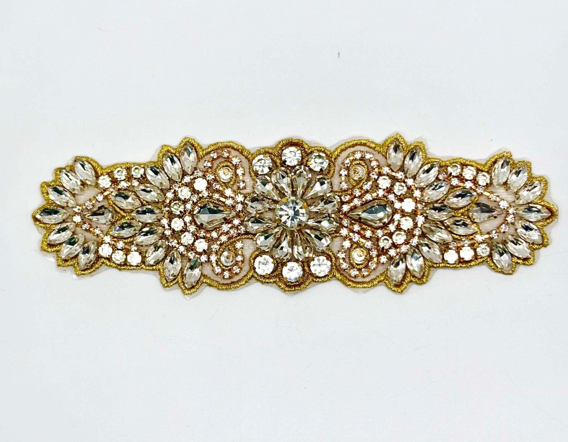 "Camila" small Handmade Rhinestone Applique bridal belt with intricate handmade design.