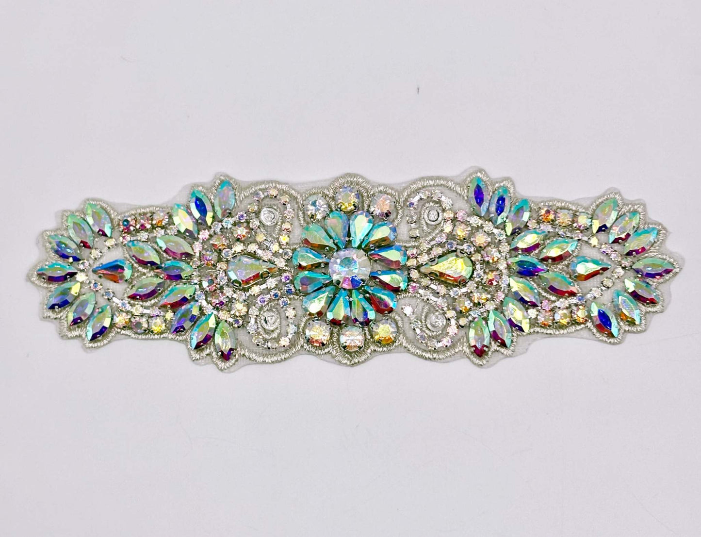 Camila small Handmade Rhinestone Applique bridal belt with intricate handmade design.