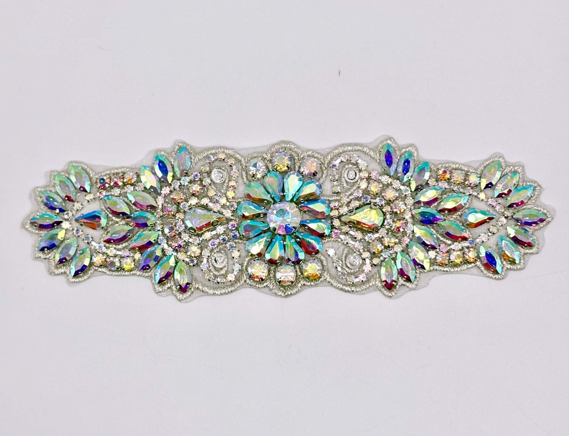 Camila small Handmade Rhinestone Applique bridal belt with intricate handmade design.