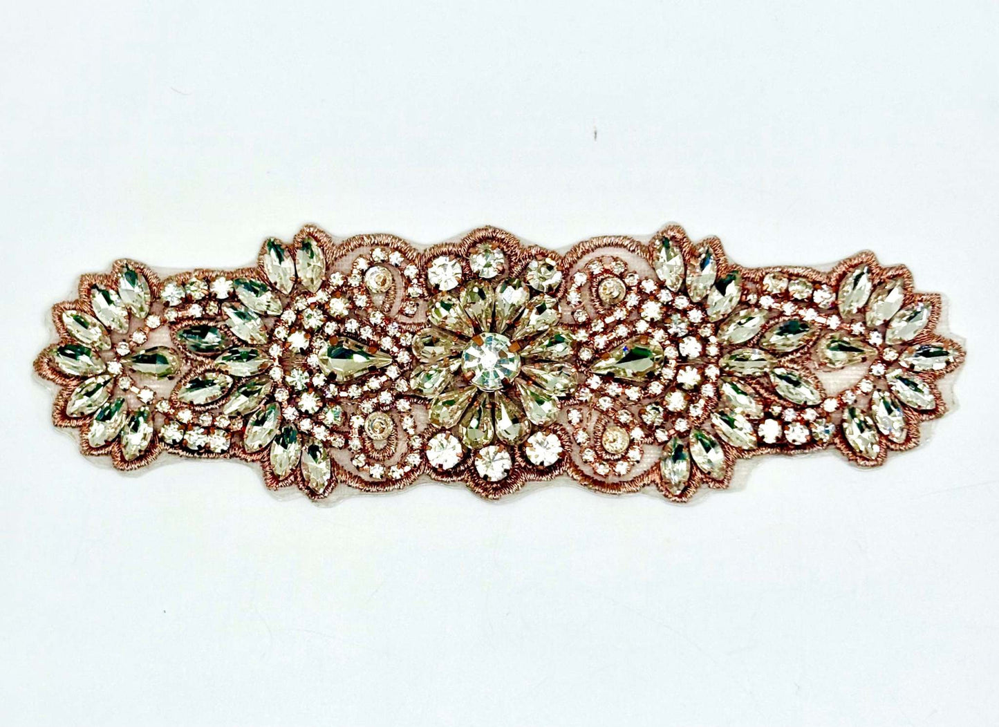 "Camila" small Handmade Rhinestone Applique bridal belt with intricate handmade design.