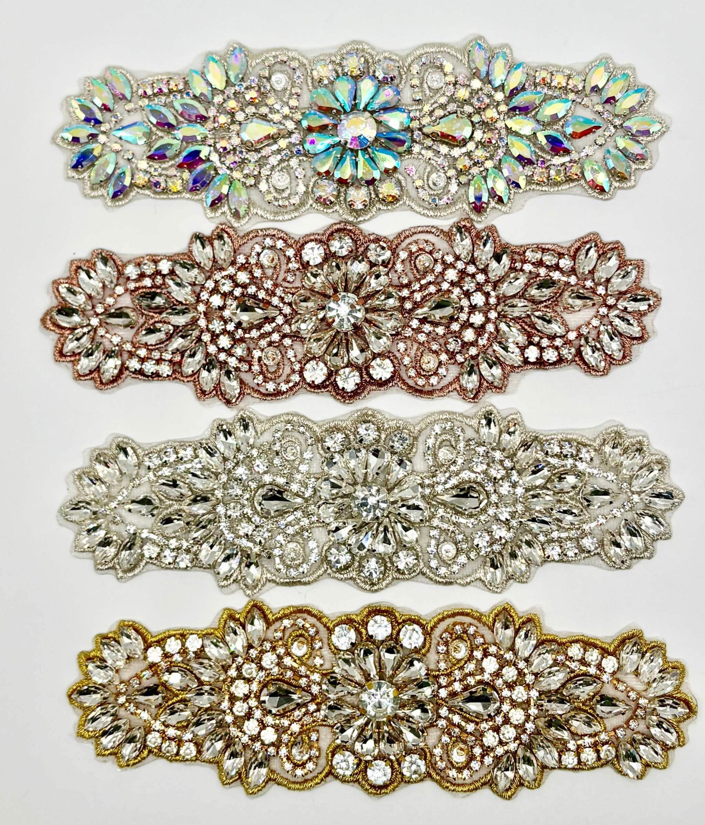 Camila small Handmade Rhinestone Applique bridal belt with intricate handmade design.
