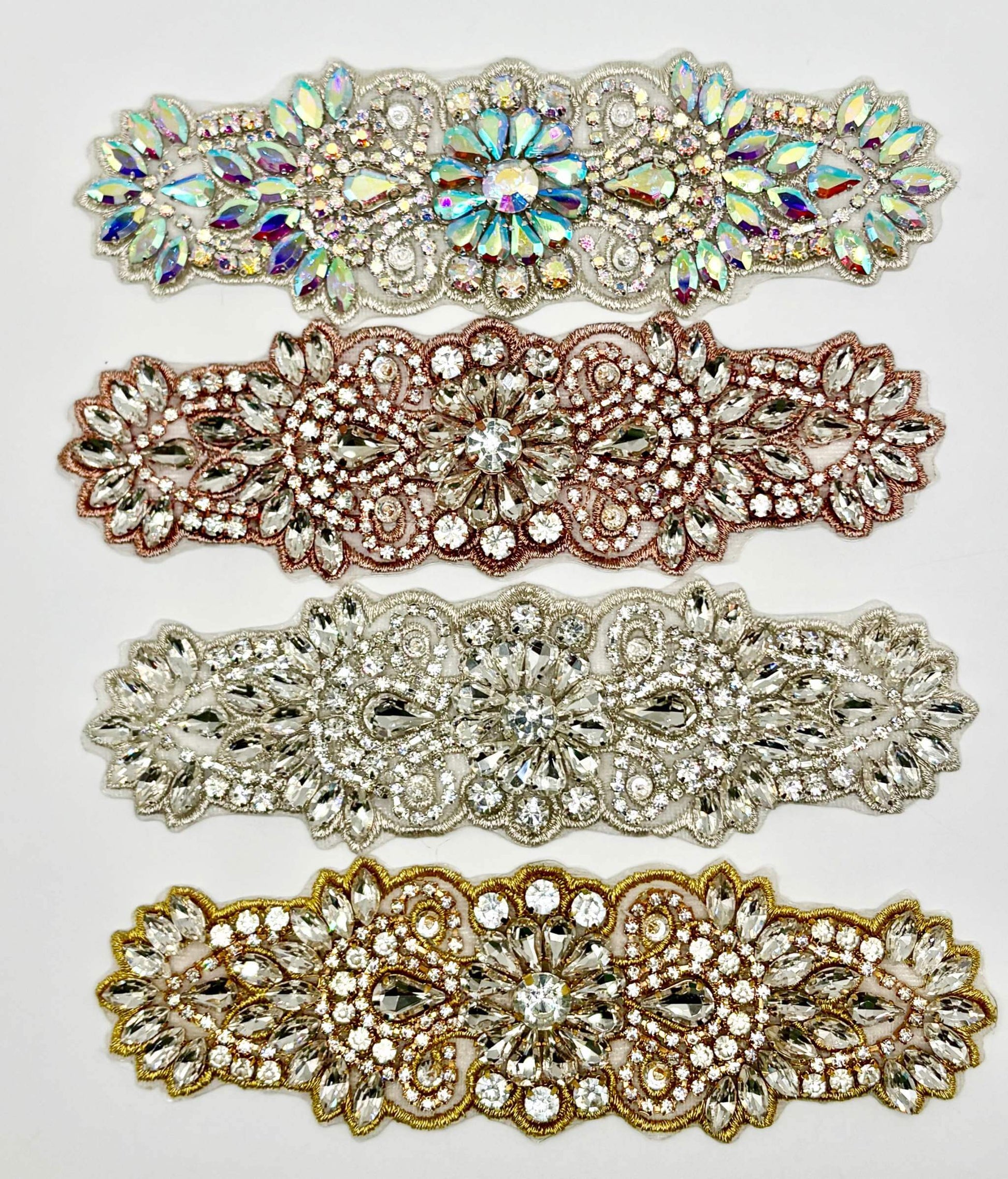Camila small Handmade Rhinestone Applique bridal belt with intricate handmade design.