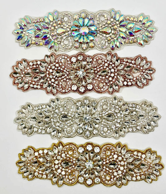 Camila small Handmade Rhinestone Applique bridal belt with intricate handmade design.