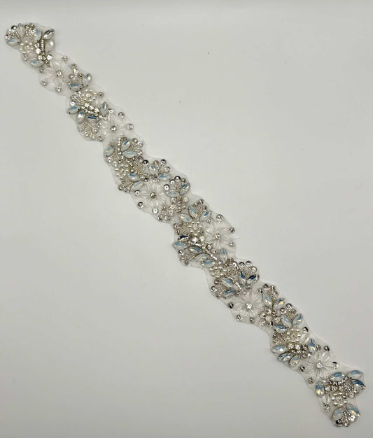 Handmade "Grace" Rhinestone and Opal Bridal Belt with silver setting and glass beads.