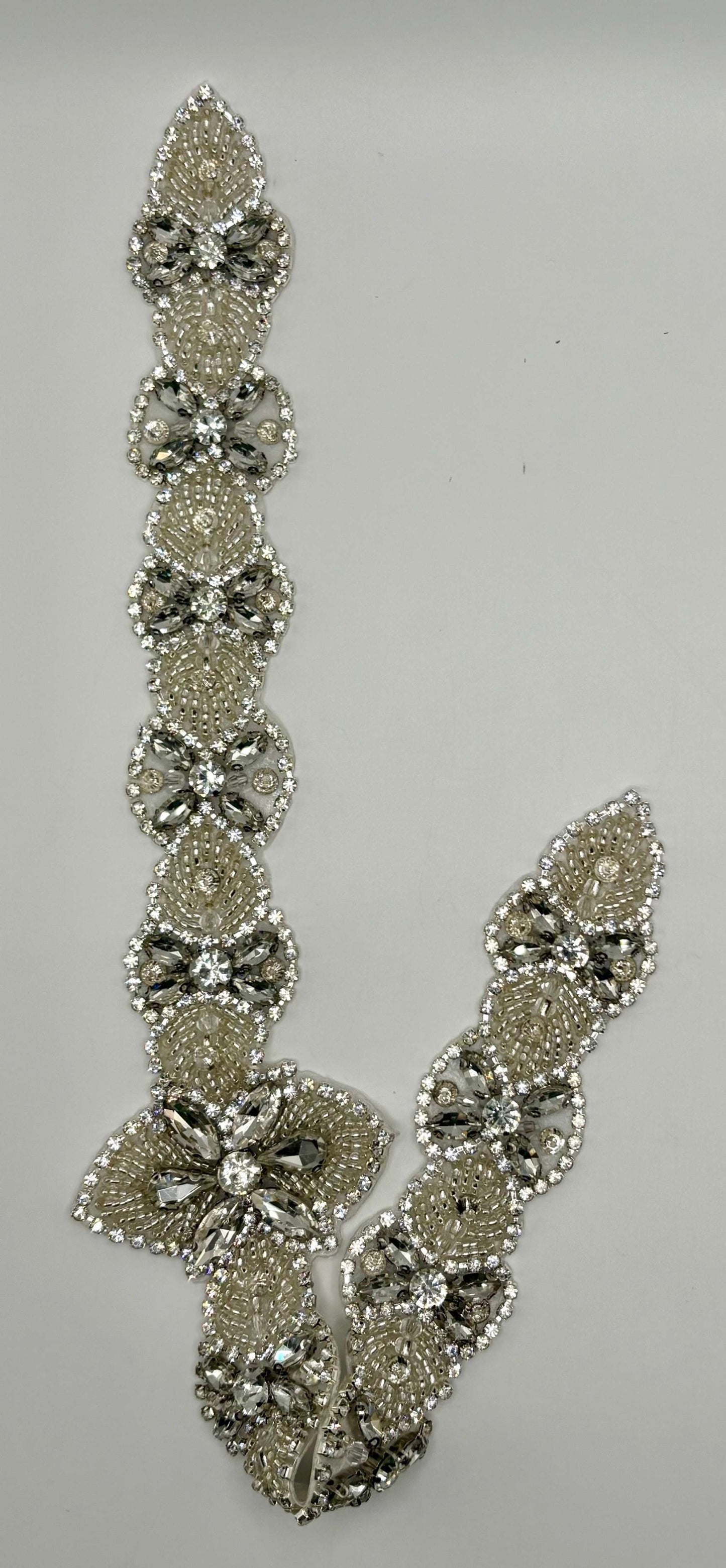 "Iris" rhinestone bridal belt with handmade glass beads, approximately 16 1/2 inches in length.