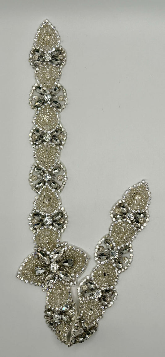 "Iris" rhinestone bridal belt with handmade glass beads, approximately 16 1/2 inches in length.