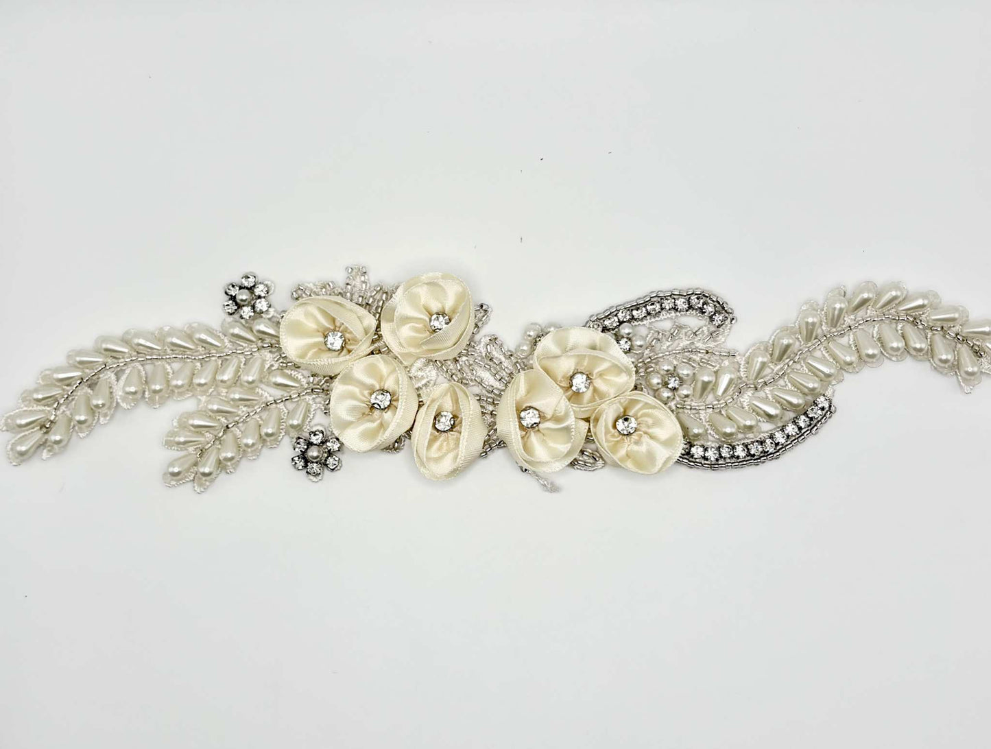Handmade "Willow" pearl and rhinestone bridal belt with satin flowers.