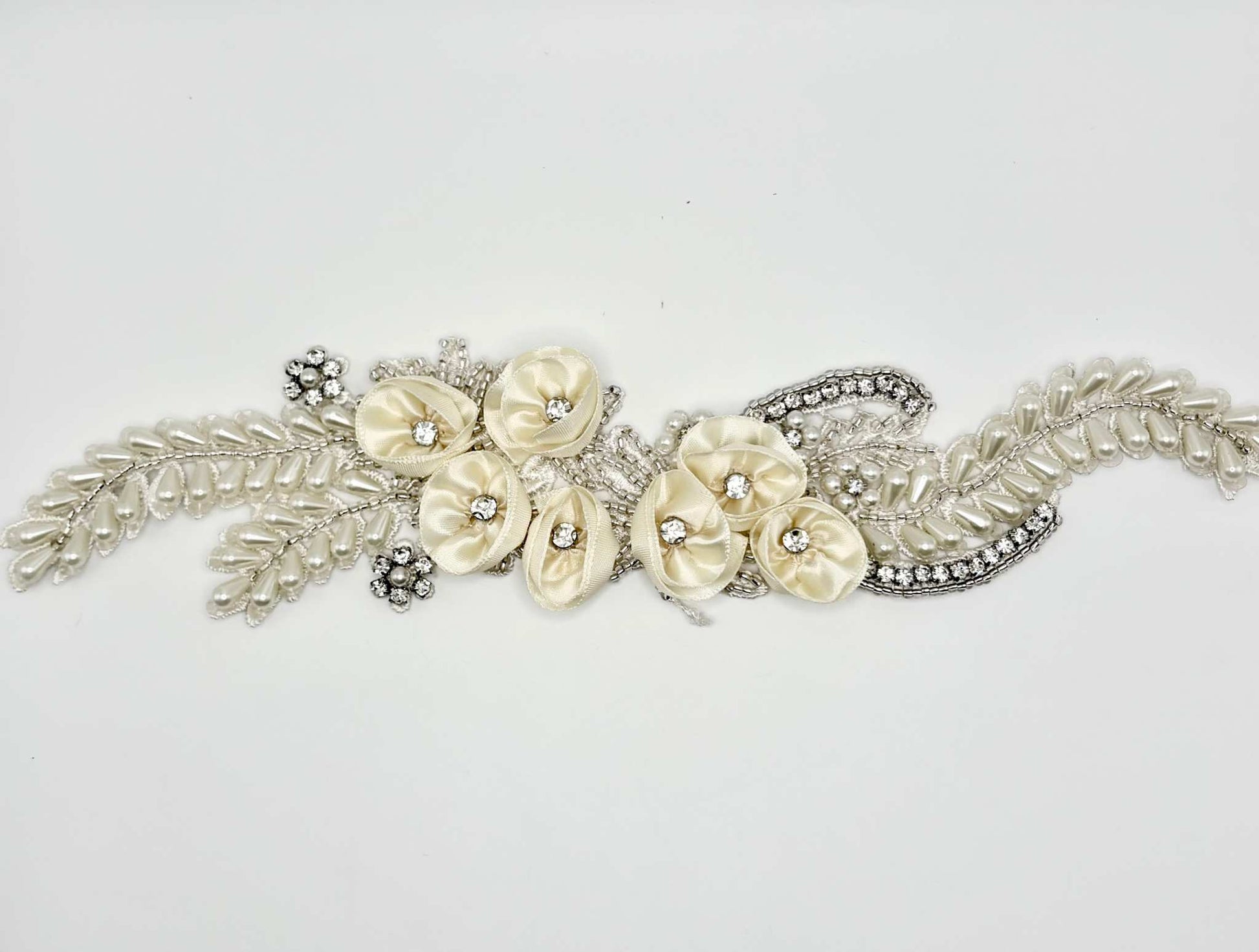 Handmade "Willow" pearl and rhinestone bridal belt with satin flowers.