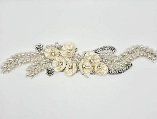 Handmade "Willow" pearl and rhinestone bridal belt with satin flowers.