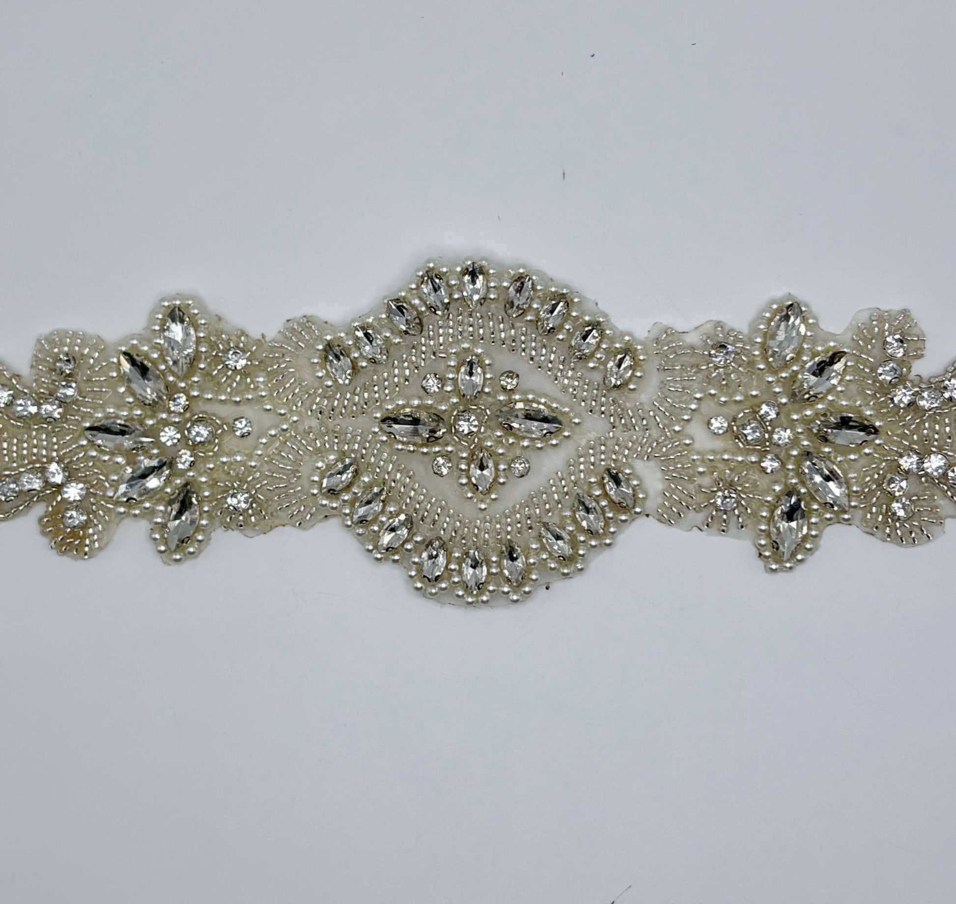 Handmade "Brooklyn" rhinestones and pearls bridal belt, approximately 15 inches in length.