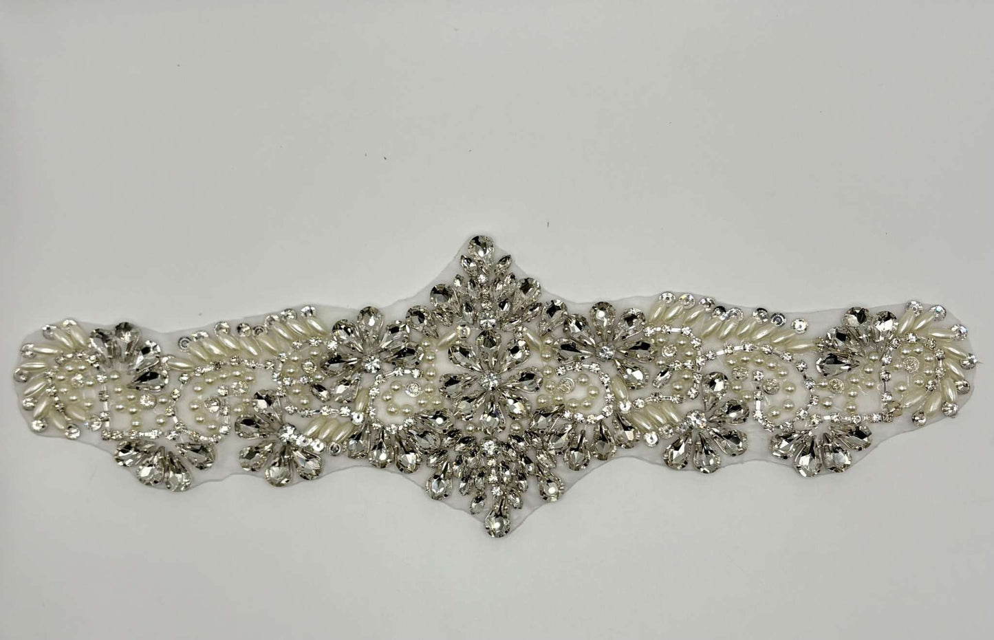 London Rhinestone and Pearl Applique,  Bridal Belt accent, handmade design, 11.5 inches.