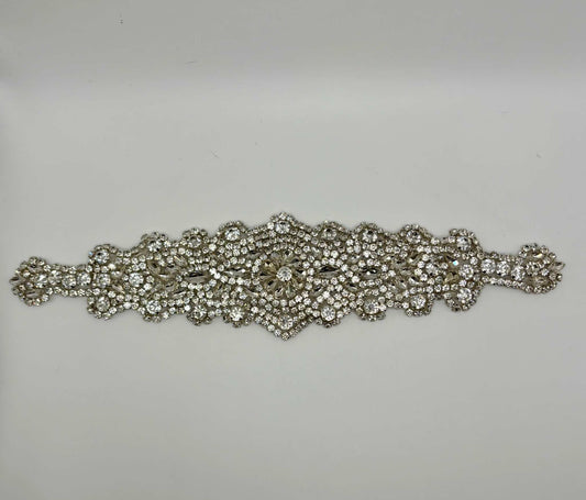 Handmade rhinestone bridal belt, approximately 12 inches long, with intricate design details.