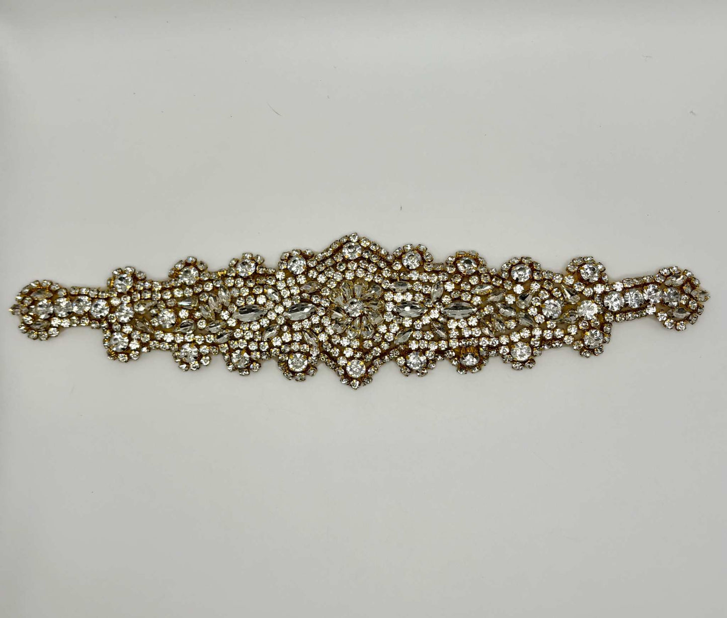Handmade rhinestone bridal belt with intricate design, approximately 12 inches long.