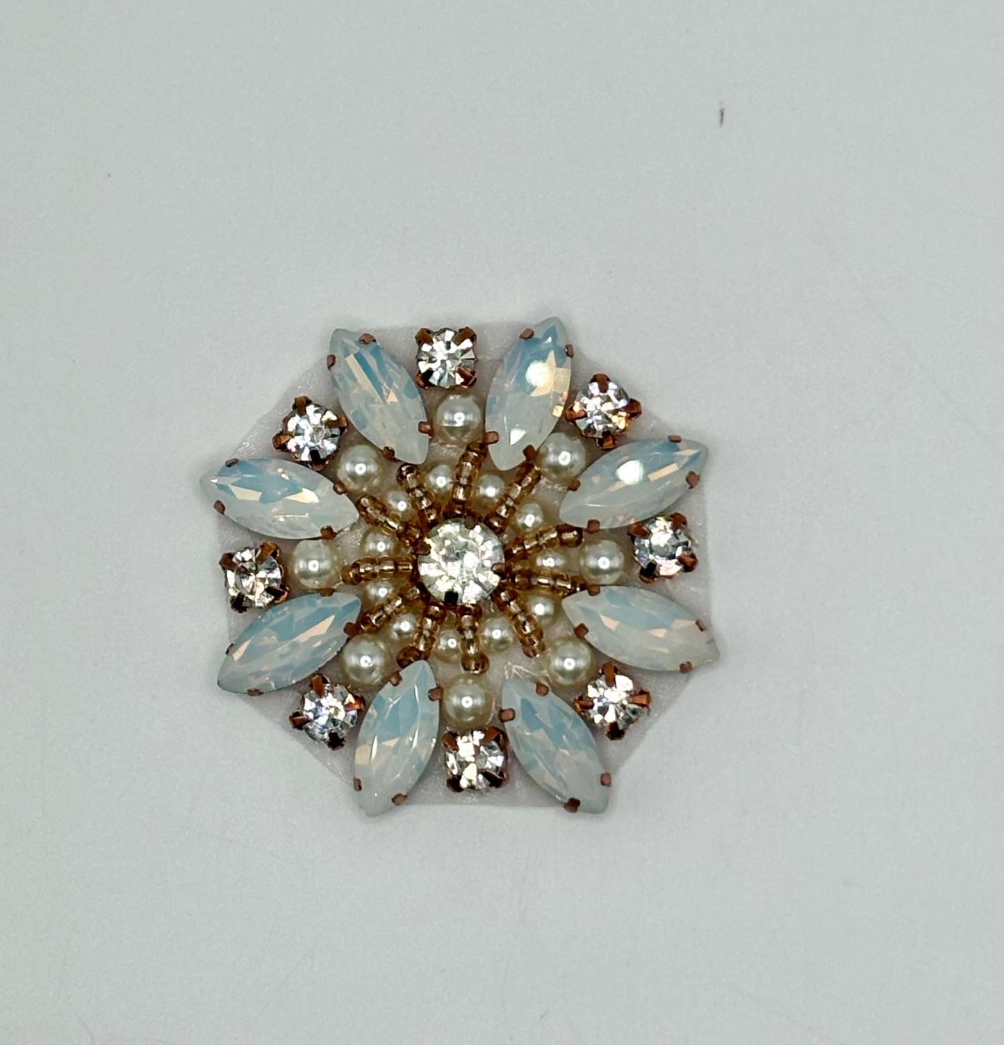 "Olivia Medallion" with rhinestones and pearls applique, 2-inch round handmade medallion.