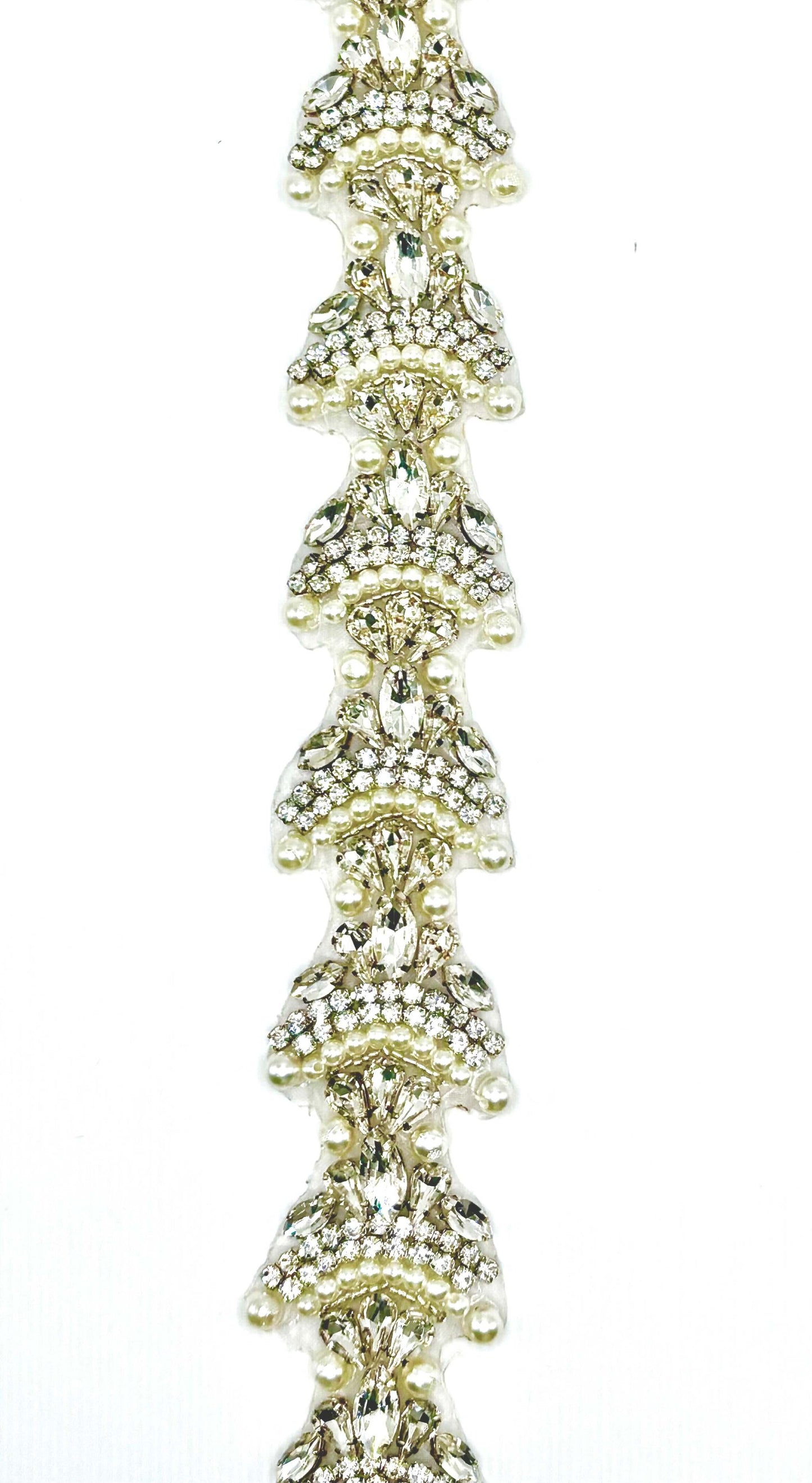 "Olivia" Rhinestone and Pearl Yardage, handmade, 1 1/2" width.