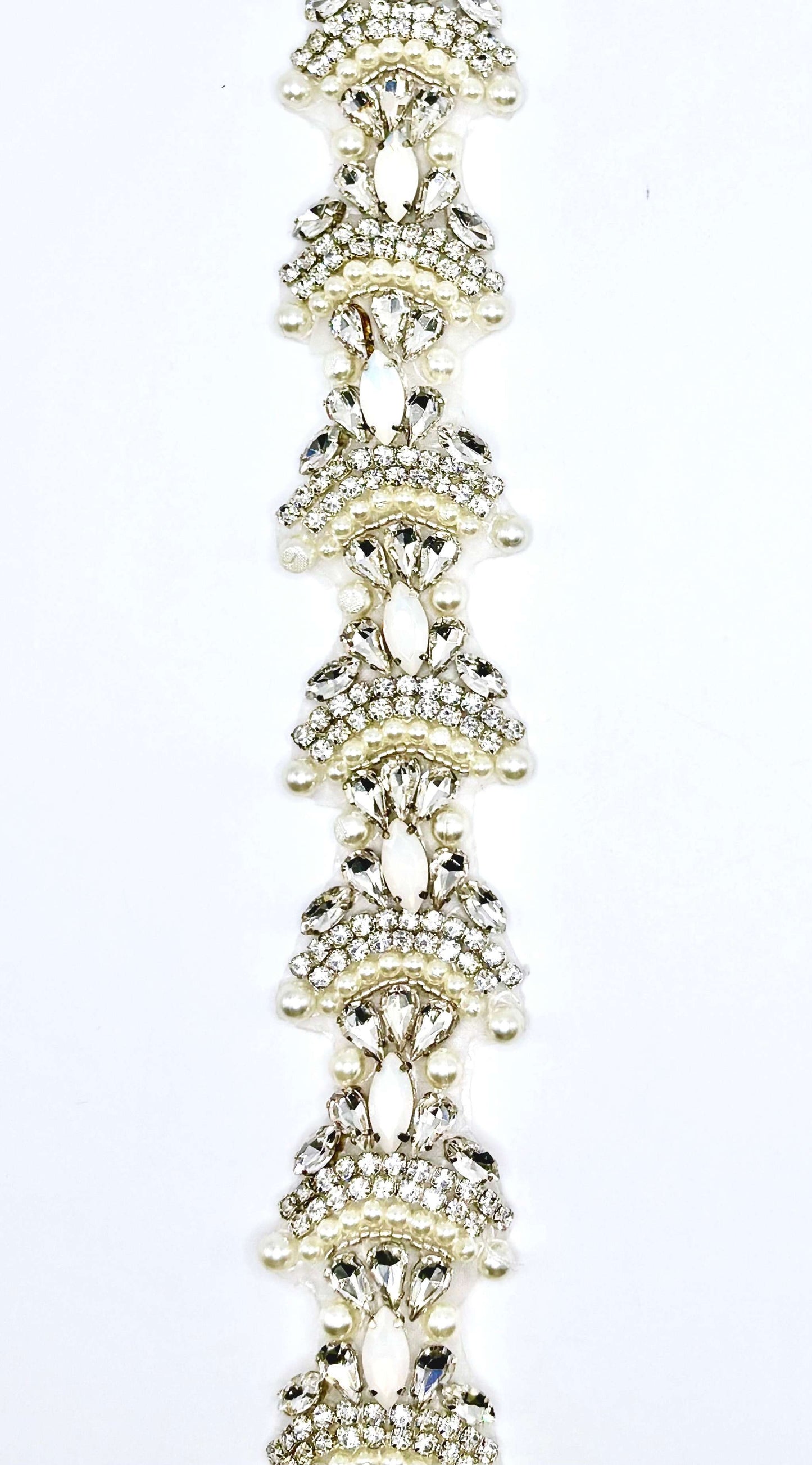 Handmade "Olivia" rhinestone and pearl yardage with opal options, 1.5-inch width.