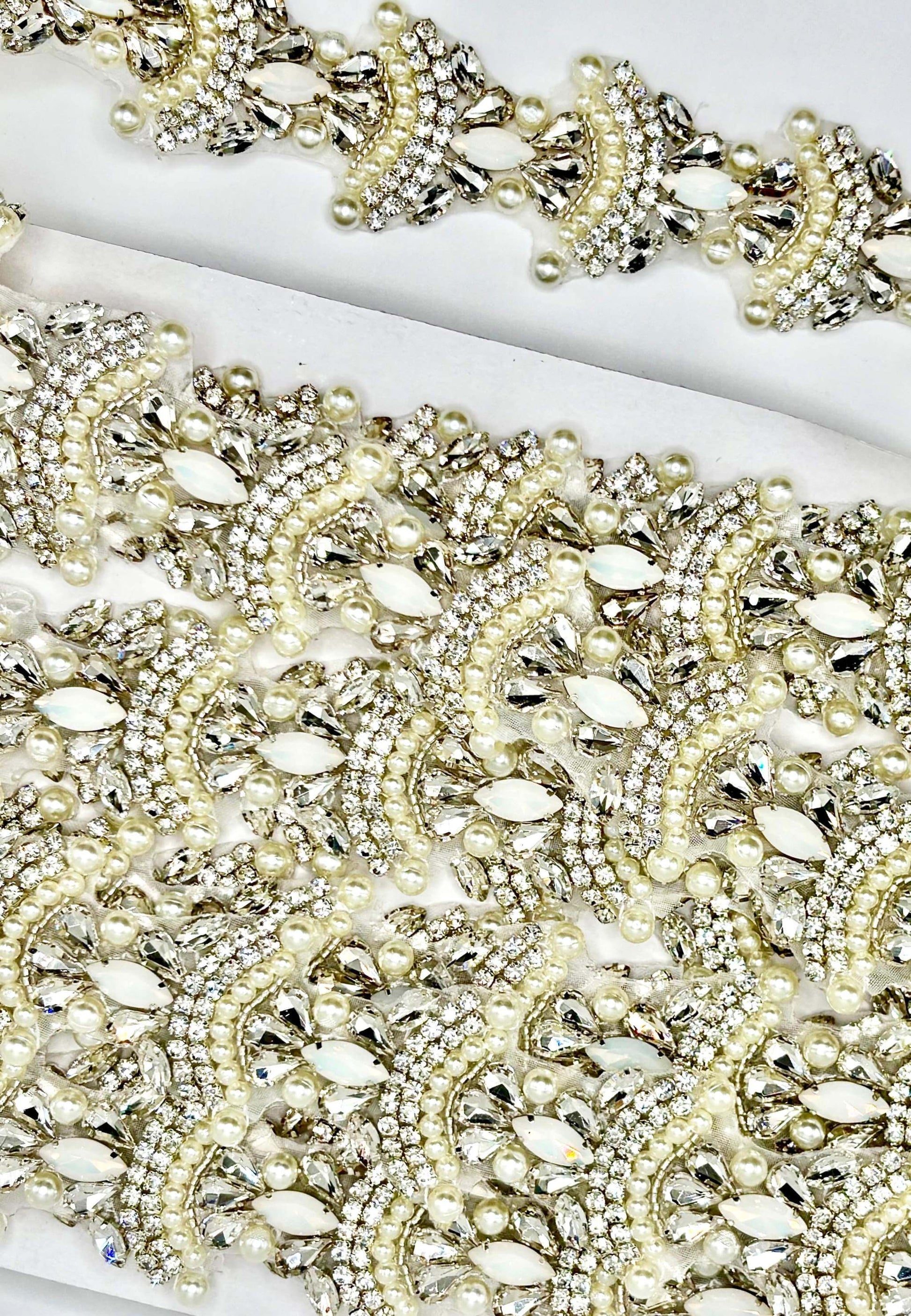 "Olivia" Rhinestone and Pearl Yardage with opals, handmade, decorative trim.