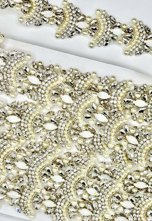 "Olivia" Rhinestone and Pearl Yardage with opals, handmade, decorative trim.