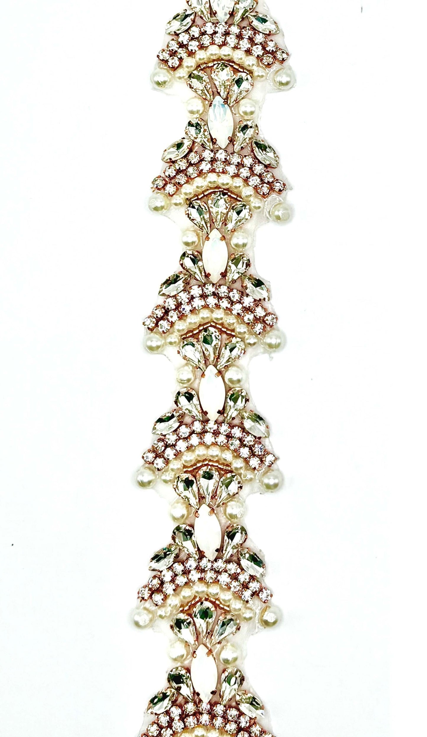"Olivia" Rhinestone and Pearl Yardage with opal accents, handmade, 1.5-inch width.