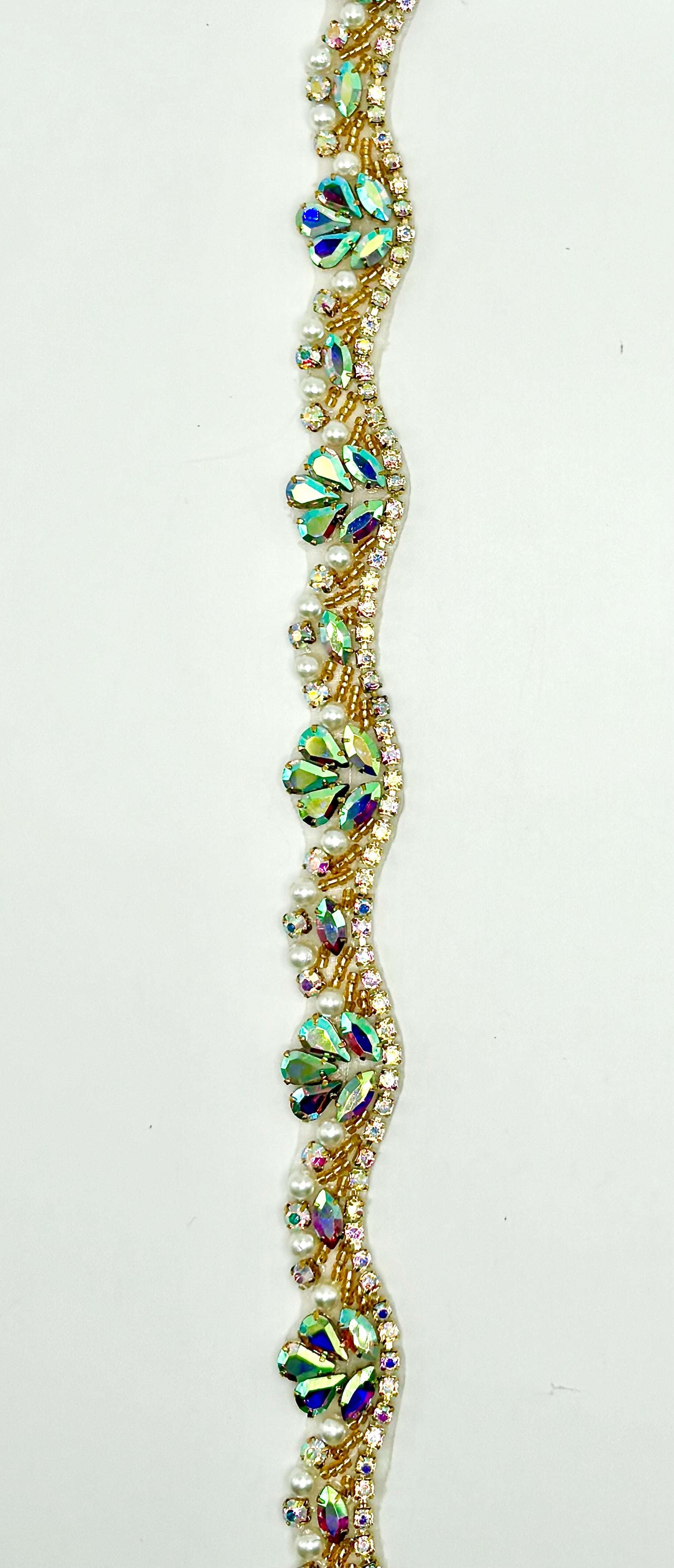 "Baby Jane" Rhinestone with Pearls Yardage, 3/4" width, handmade with glass beads.