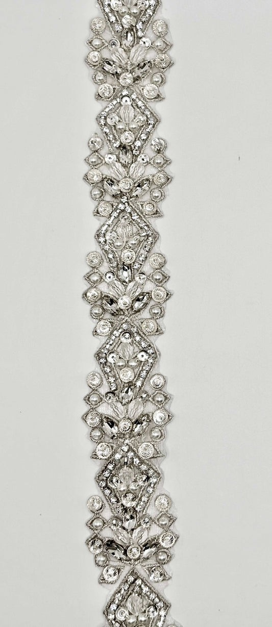 "Miss Charm" rhinestone and pearl trim, handmade with glass beads, 1/12" wide.