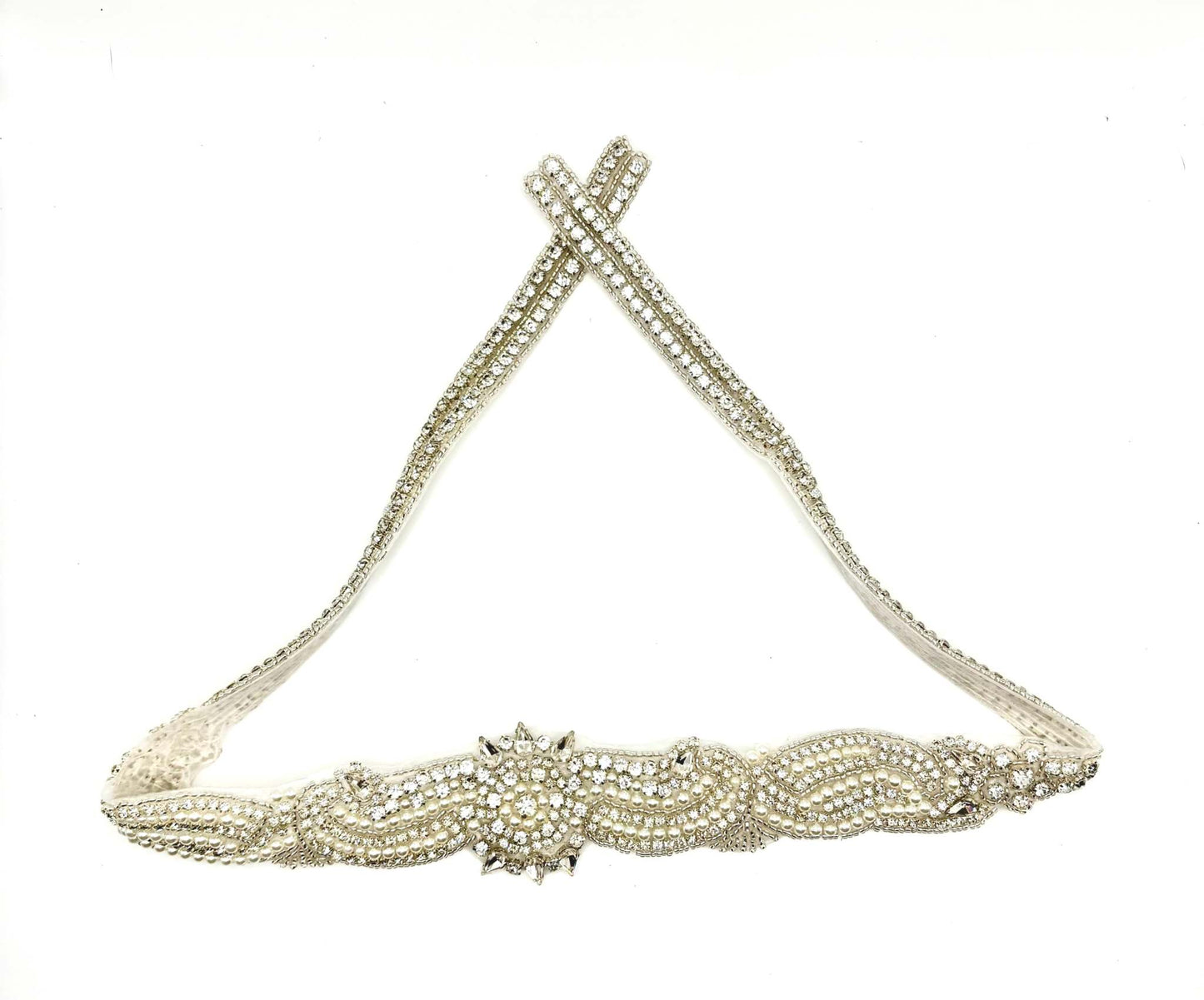 "Little Miss" rhinestone and pearl bridal belt, handmade and elegant.