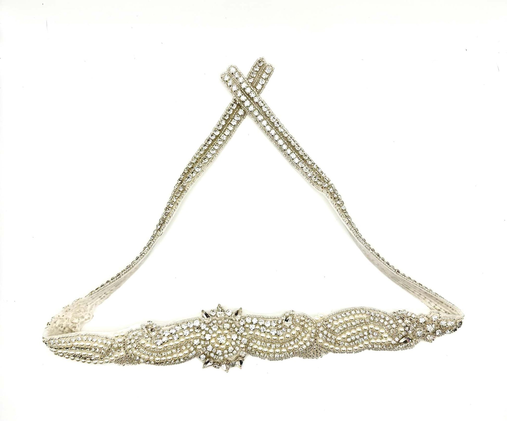 "Little Miss" rhinestone and pearl bridal belt, handmade and elegant.