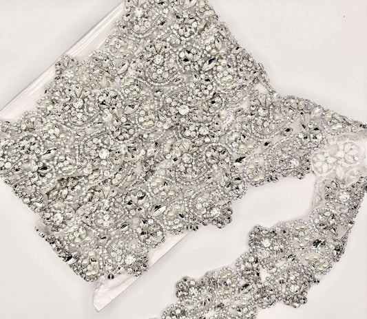 Handmade Rhinestone and Pearl Trim featuring clear rhinestones on a silver setting.