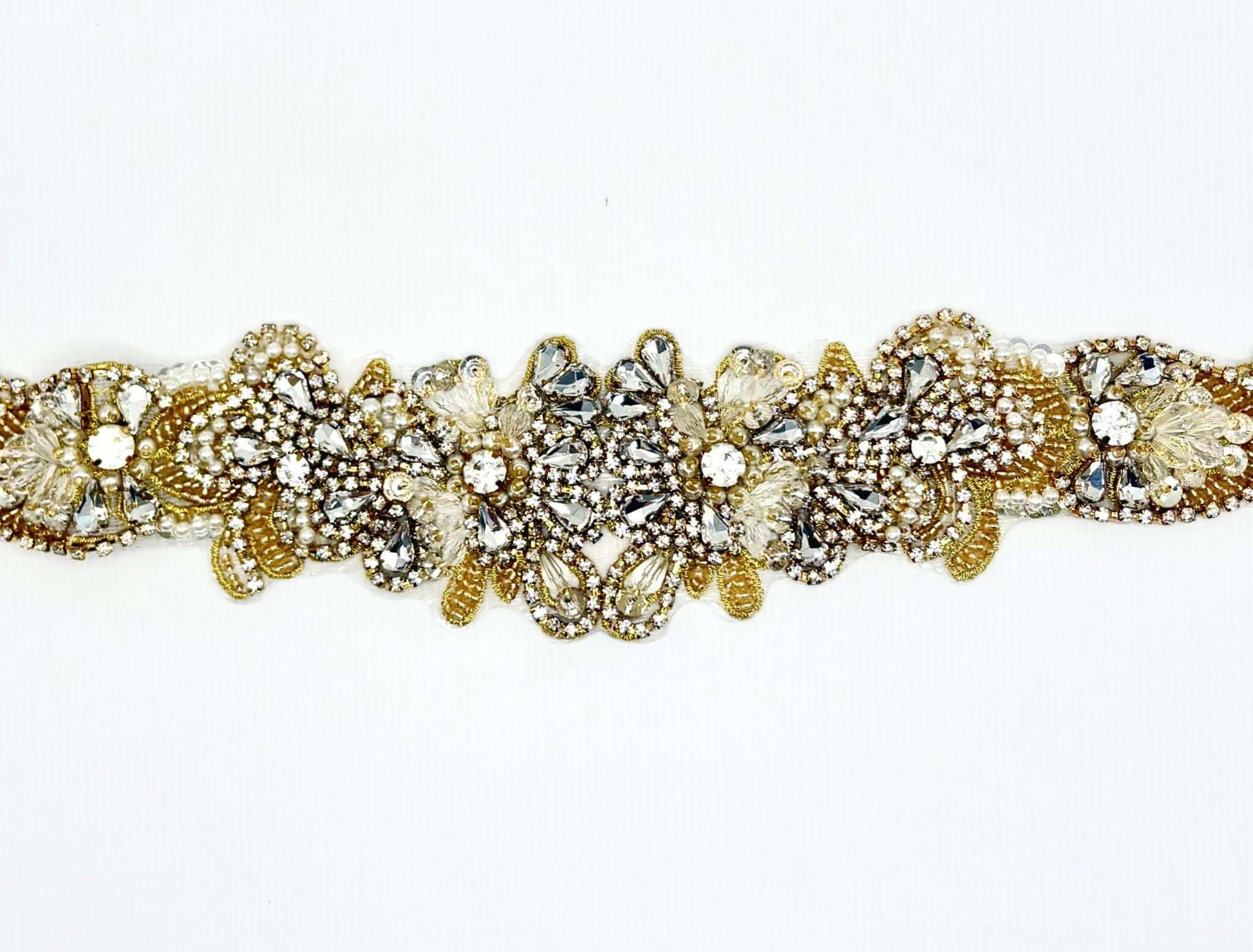 rhinestone and pearl applique bridal belt with intricate floral design.
