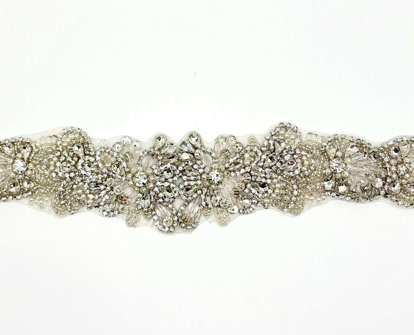 Handmade bridal belt with rhinestones and pearl applique