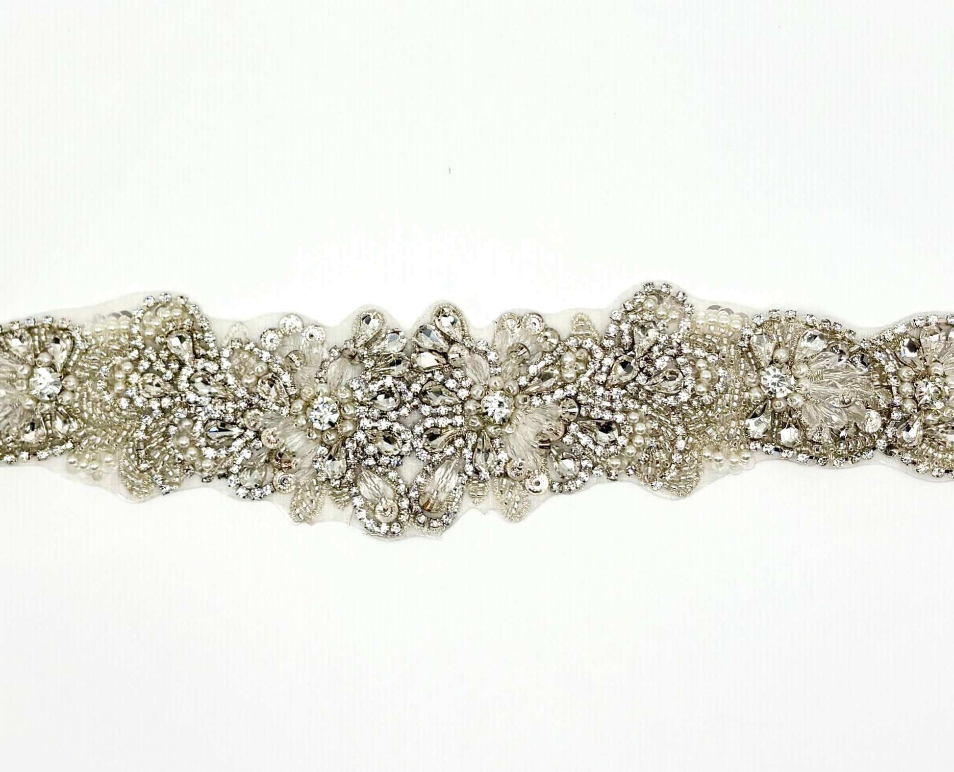 Handmade bridal belt with rhinestones and pearl applique