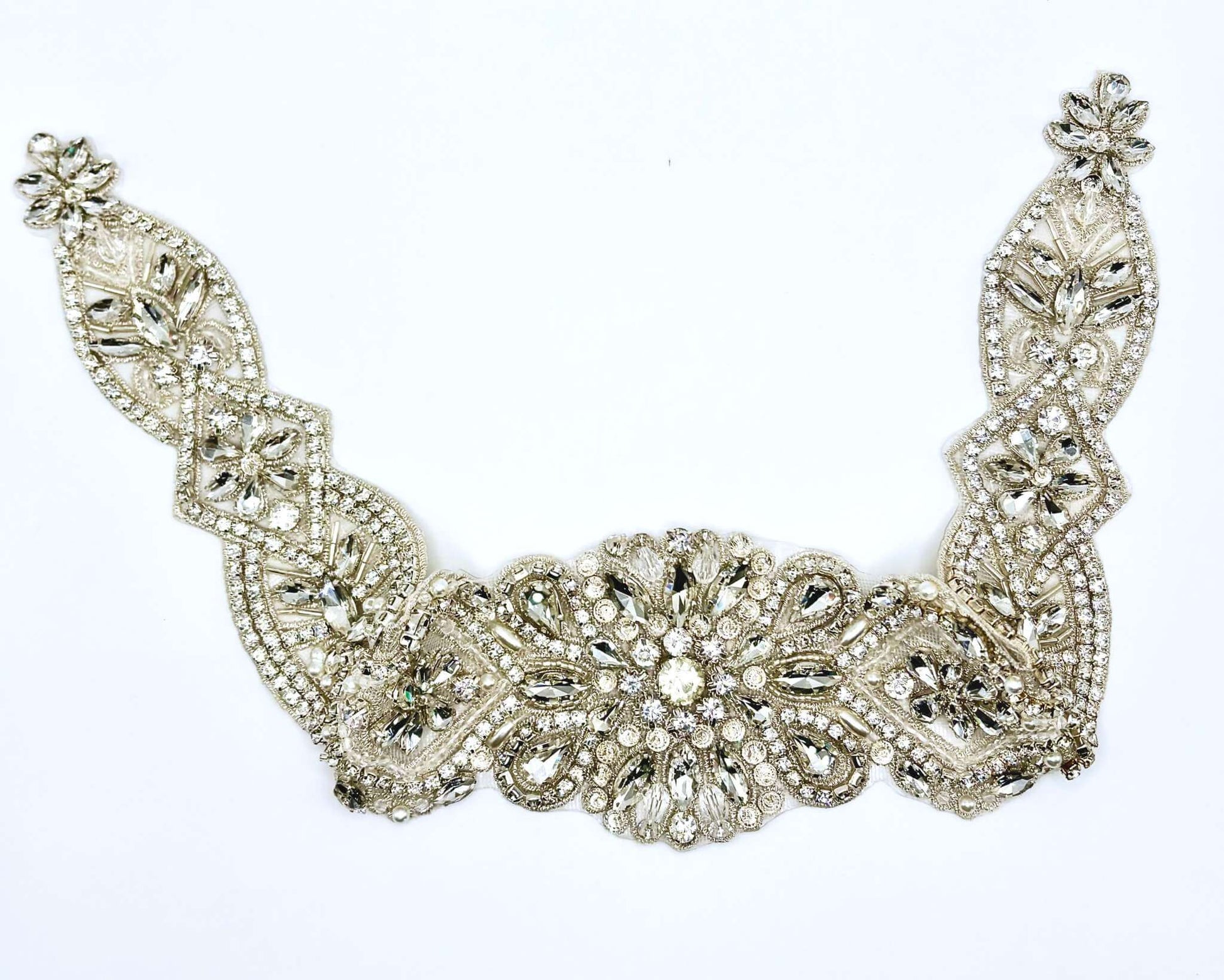 "Majestic" Rhinestone Belt with intricate rhinestone and glass bead design, handmade bridal accessory.