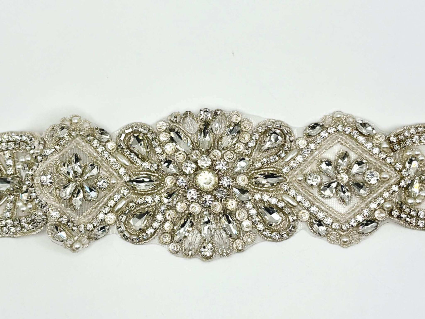 Majestic rhinestone belt with handmade rhinestone and glass bead detailing.