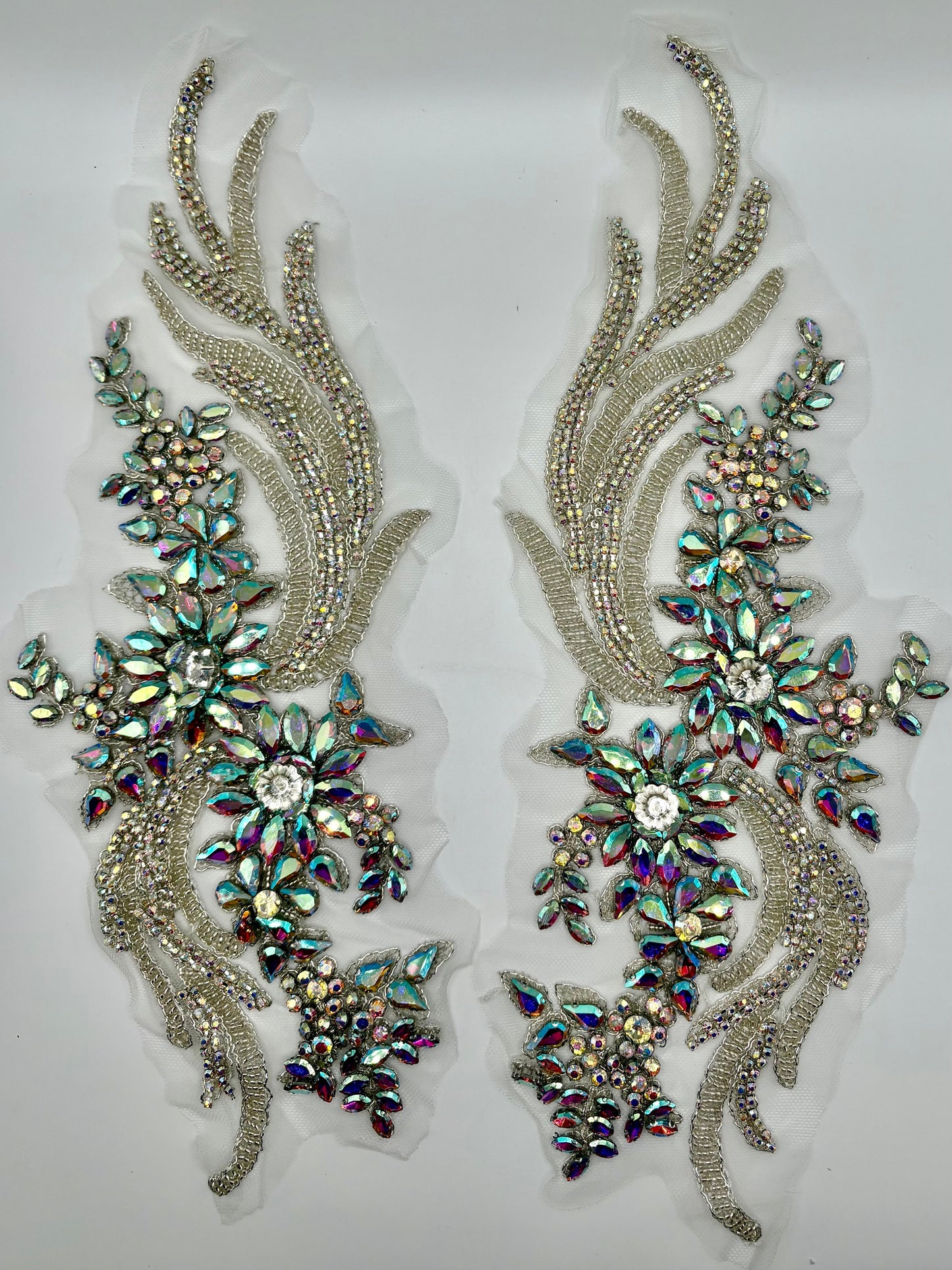 Handmade rhinestone and glass bead applique pair, 14-inch, elegant design.