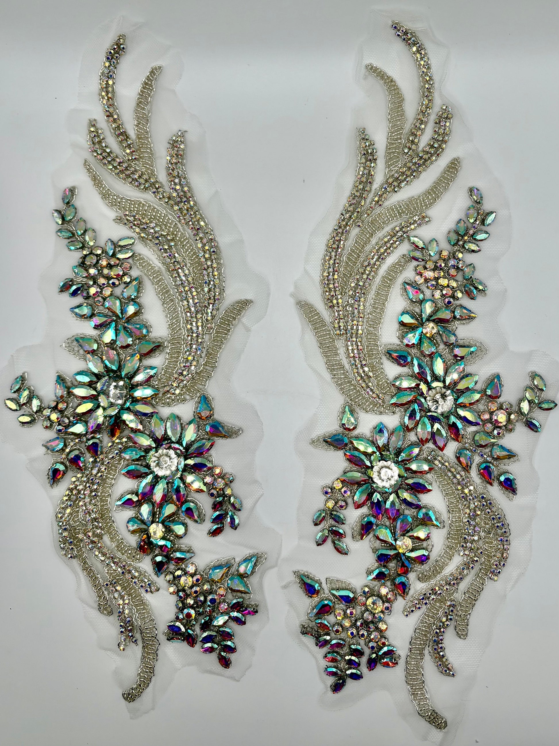 Handmade rhinestone and glass bead applique pair, 14-inch, elegant design.