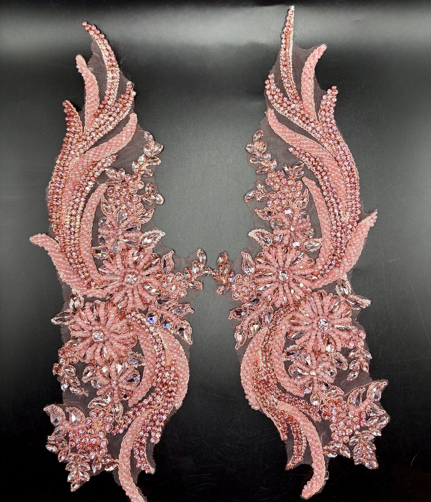 Handmade rhinestone and glass bead appliqué pair in rose gold, 14-inch elegant design for garments.