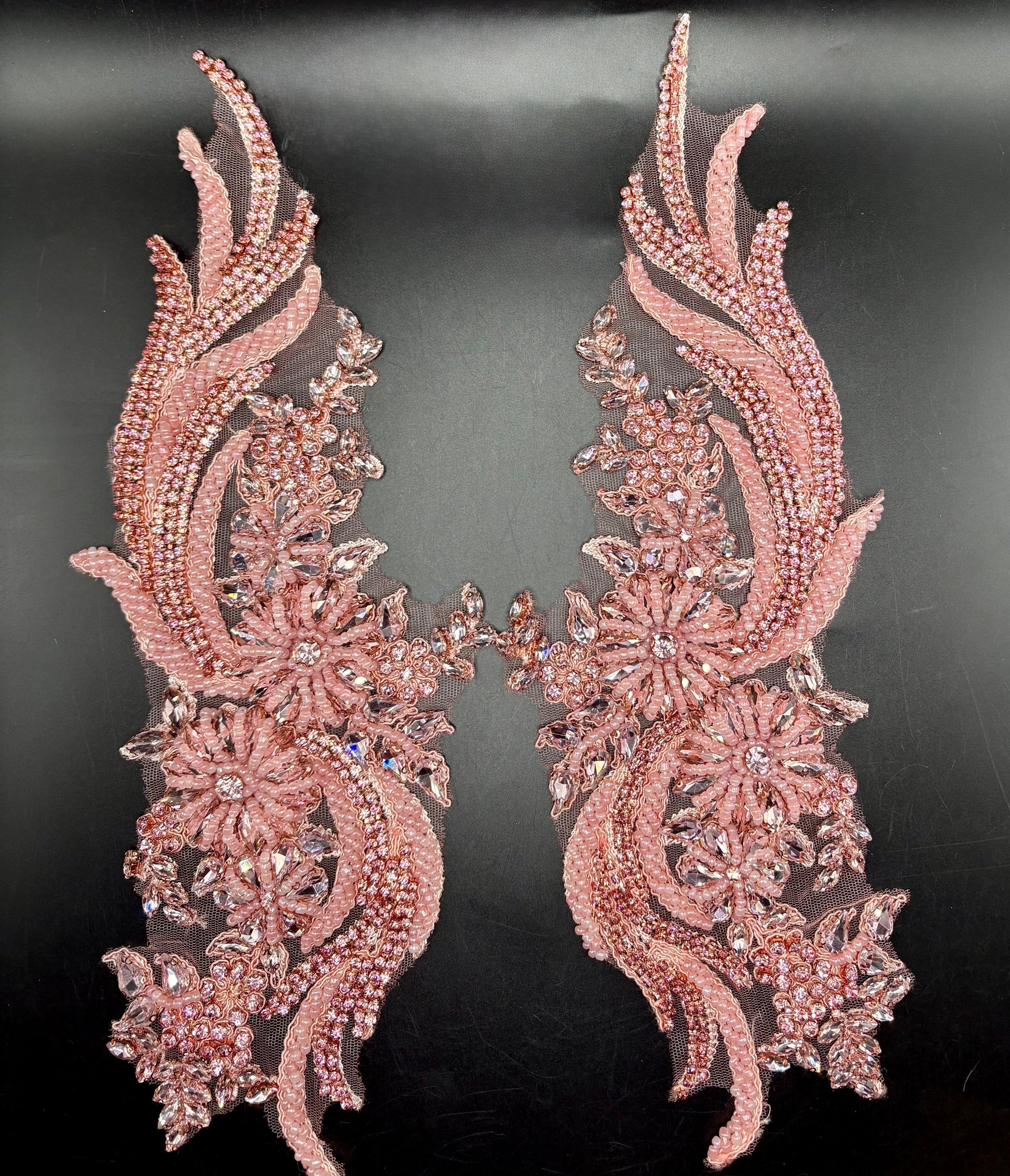 Handmade rhinestone and glass bead appliqué pair in rose gold, 14-inch elegant design for garments.