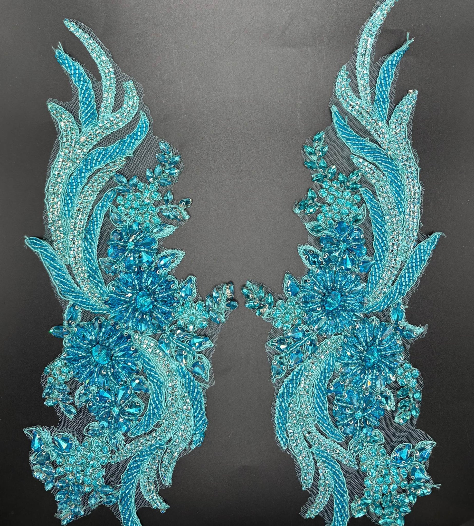 Handmade rhinestone and glass bead applique pair in blue, 14 inches, for elegant garment embellishment.
