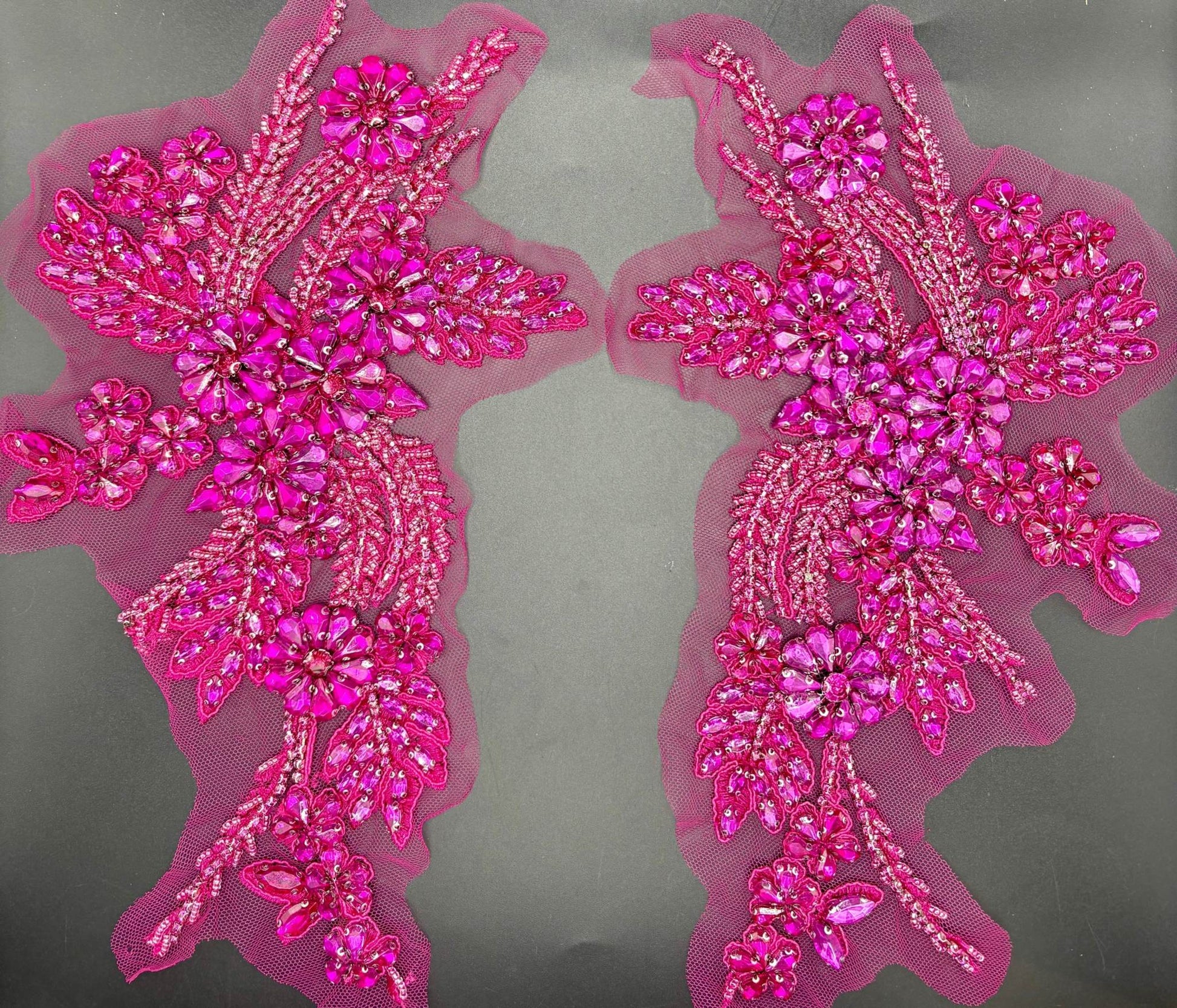 Handmade rhinestone appliqué pair in various colors, 11 inches long, for bridal and evening wear.