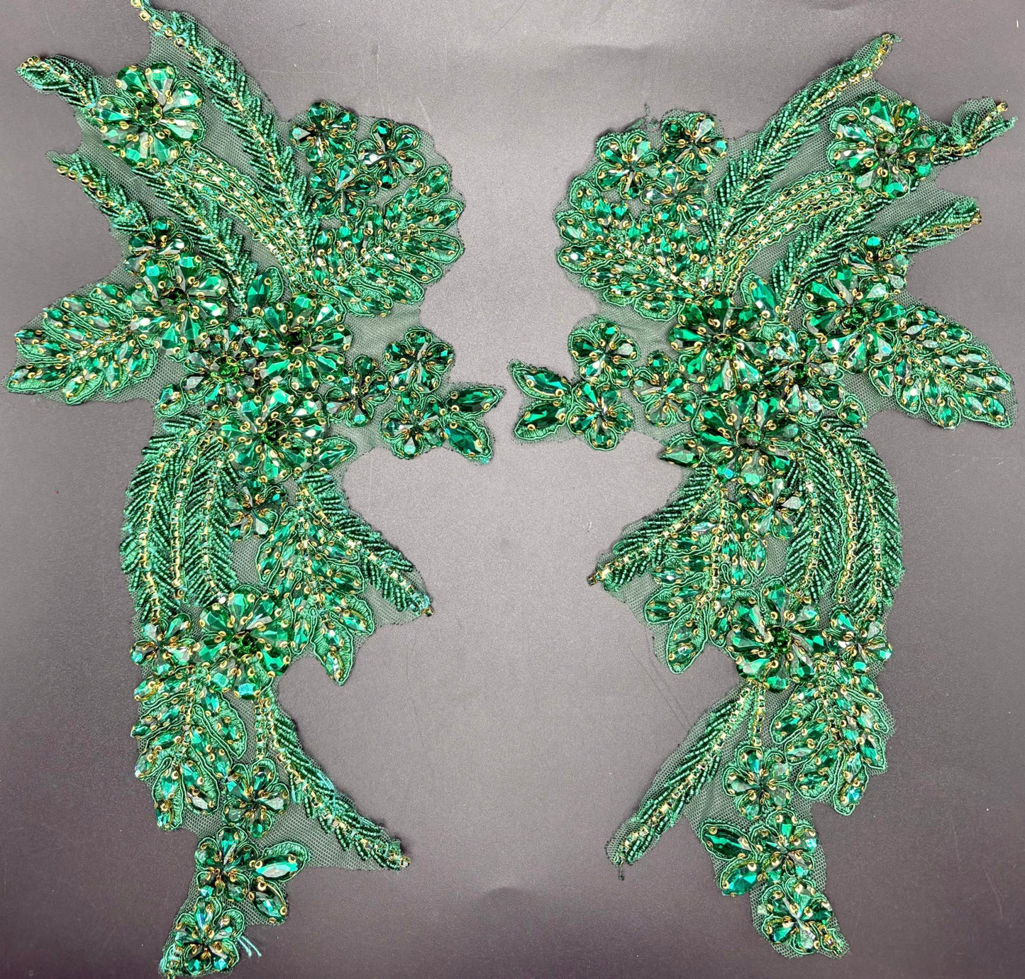 Handmade green rhinestone appliqué pair, 11 inches, for elegant crafting.