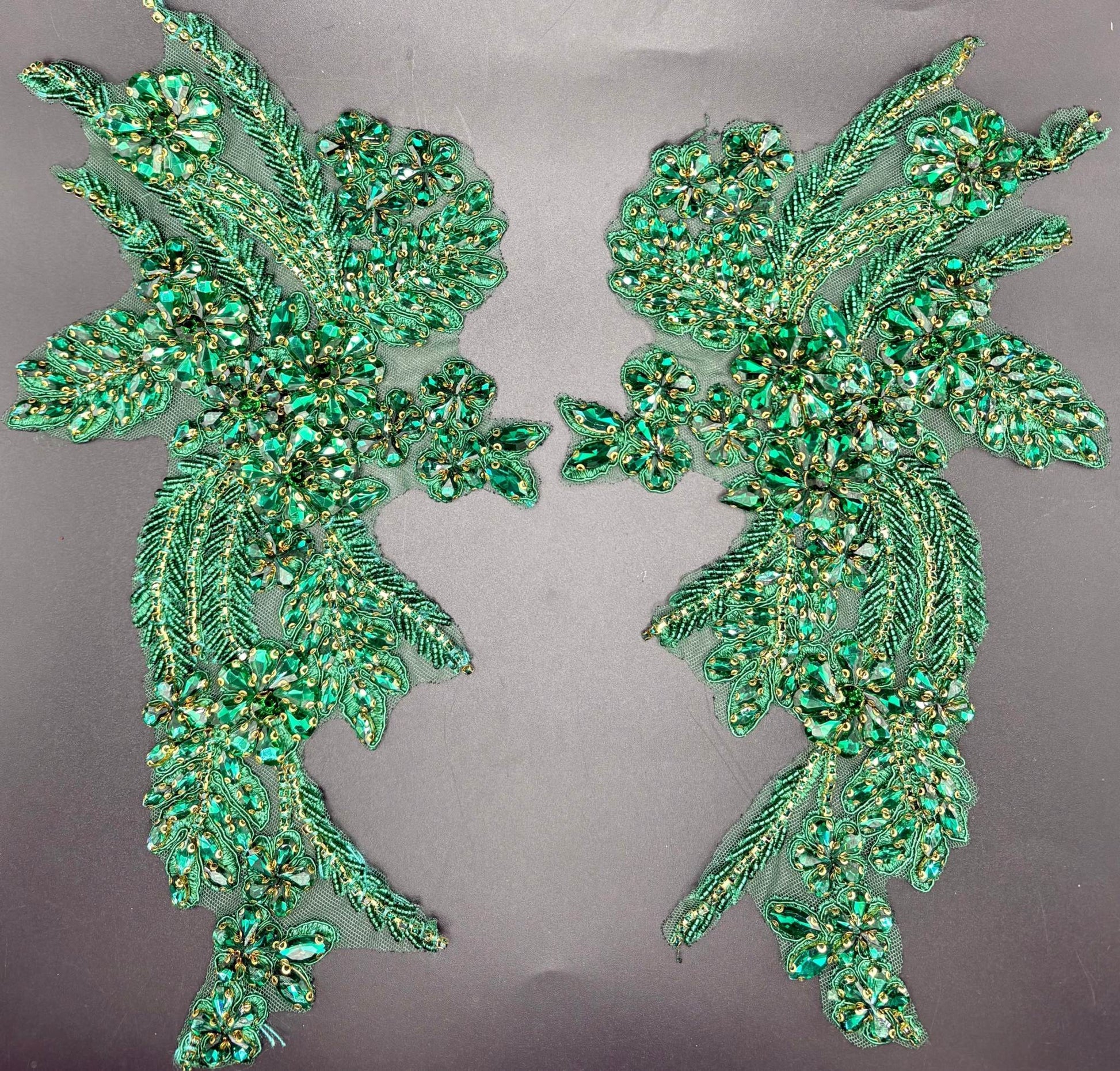 Handmade green rhinestone appliqué pair, 11 inches, for elegant crafting.